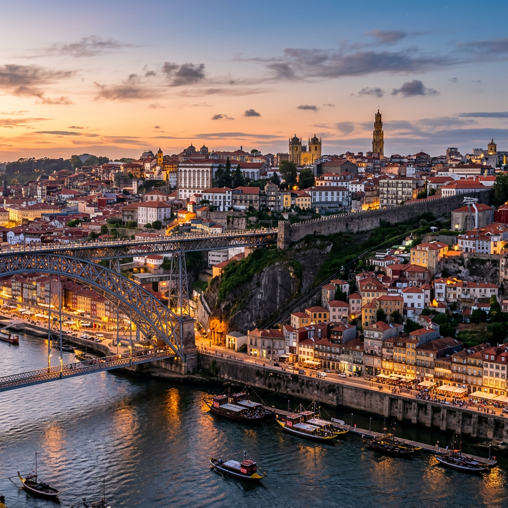 Dom Luís I Bridge spanning the Douro River with Porto city buildings and illuminated streets at sunset